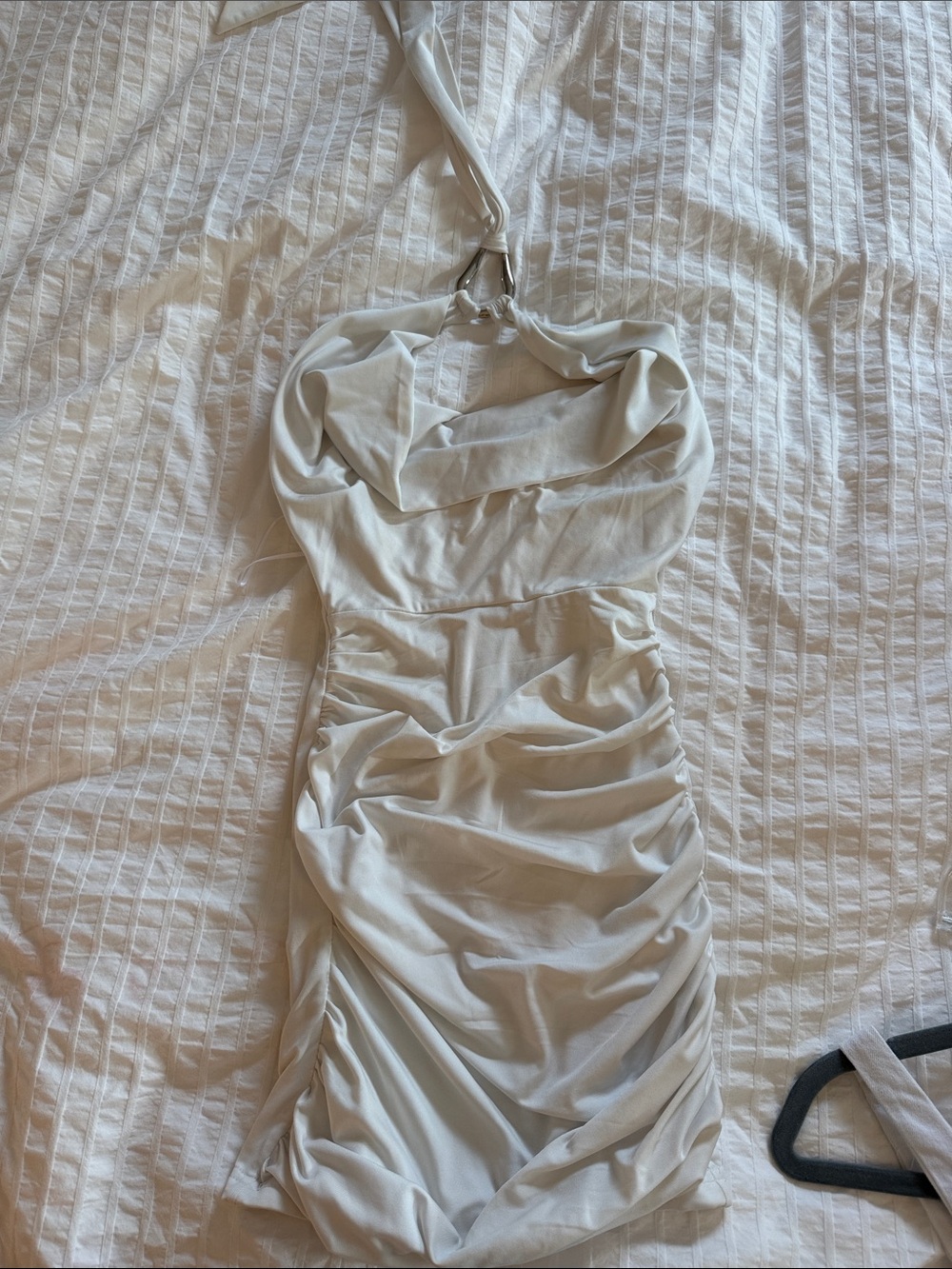 Peppermayo White Strapless Ruched Halter Bodycon Dress